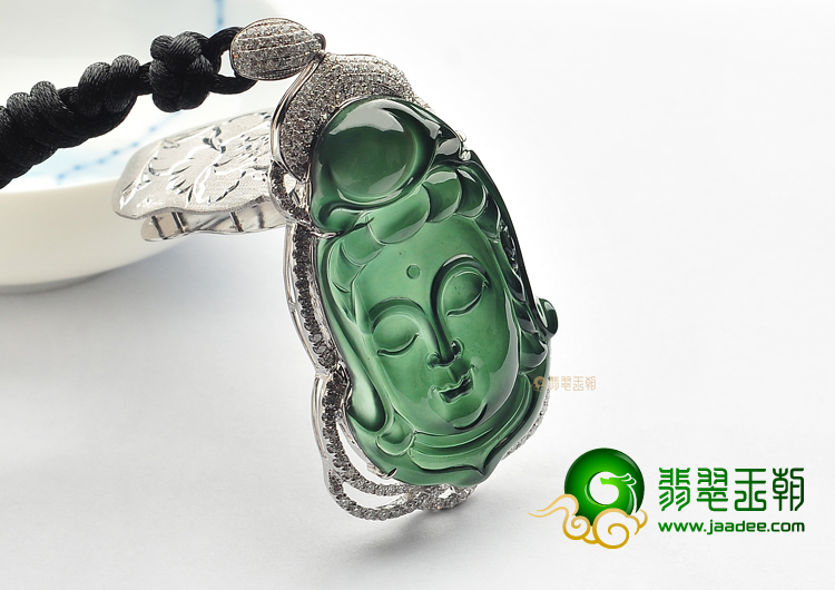 (超值推荐)玻璃种油青镶白金观音头胸坠(真钻)