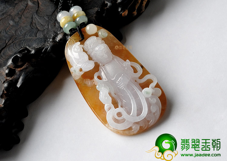 糯冰种黄翡略飘花站观音挂件