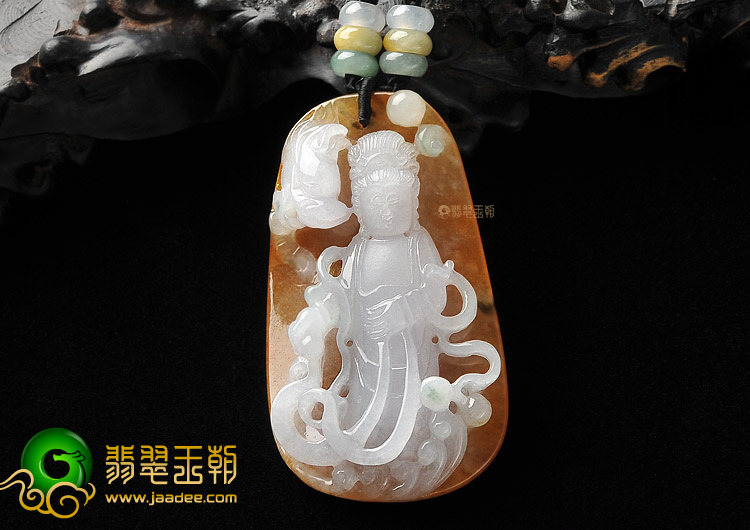 糯冰种黄翡略飘花站观音挂件