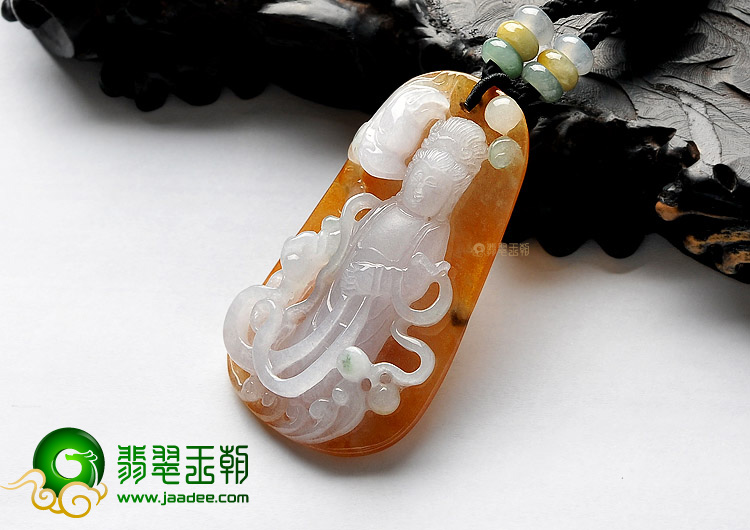 糯冰种黄翡略飘花站观音挂件