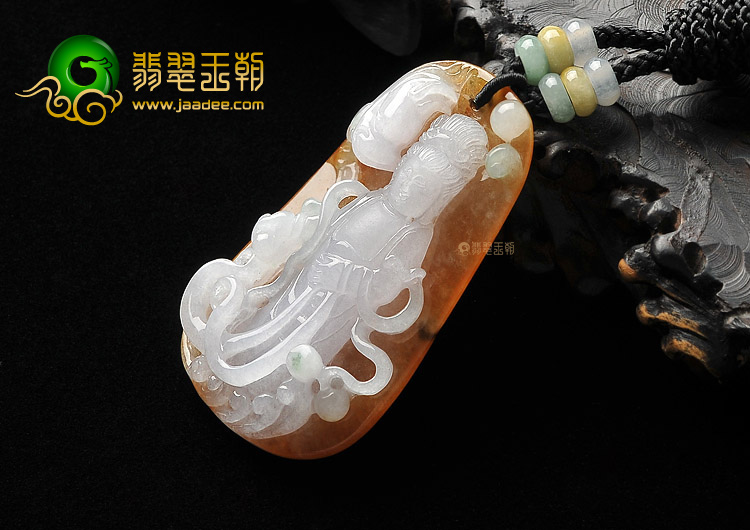 糯冰种黄翡略飘花站观音挂件