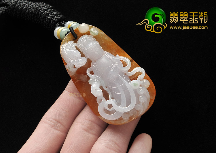 糯冰种黄翡略飘花站观音挂件