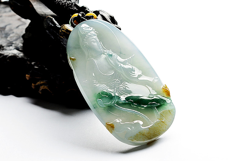 冰种飘花略带黄翡莲花观音挂件