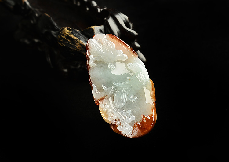 糯冰种晴水褐黄翡比翼双飞挂件