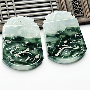 冰种飘花吉祥如意挂件(一对)