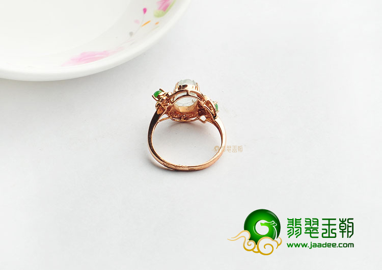冰玻种淡晴水镶玫瑰金甜甜蜜蜜戒指(真钻)