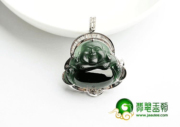 玻璃种墨翠镶白金玉佛挂件