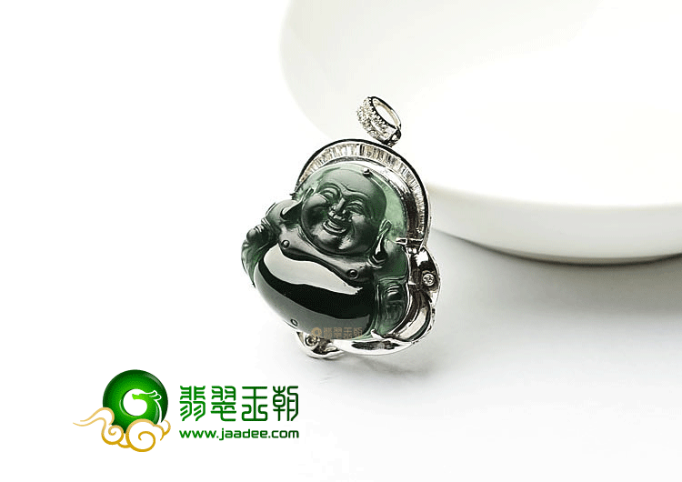 玻璃种墨翠镶白金玉佛挂件