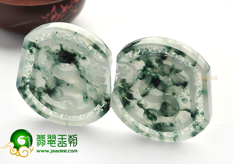 冰种飘花龙凤牌挂件(一对)