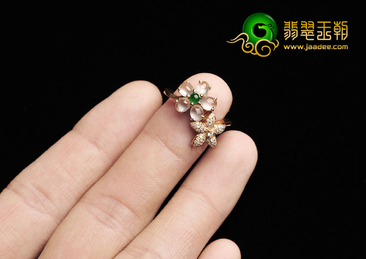 玻璃种无色/阳绿镶玫瑰金戒指(真钻)