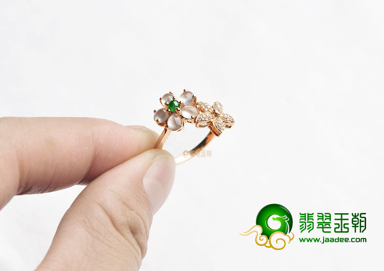 玻璃种无色/阳绿镶玫瑰金戒指(真钻)