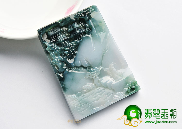 糯冰种飘花山水牌挂件