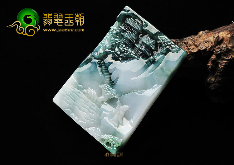 糯冰种飘花山水牌挂件
