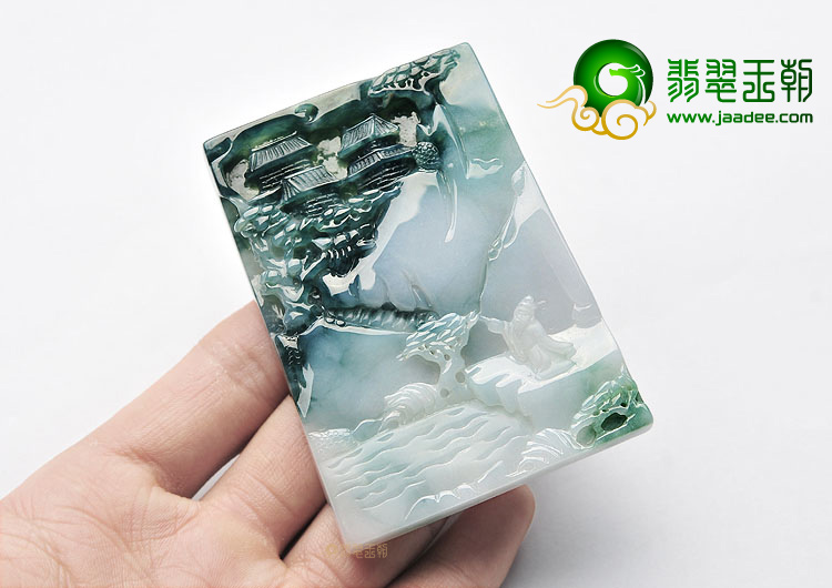 糯冰种飘花山水牌挂件