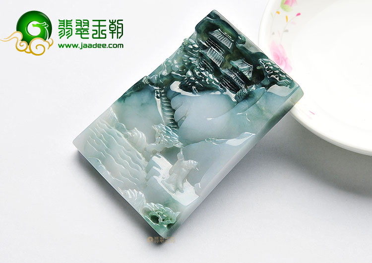 糯冰种飘花山水牌挂件