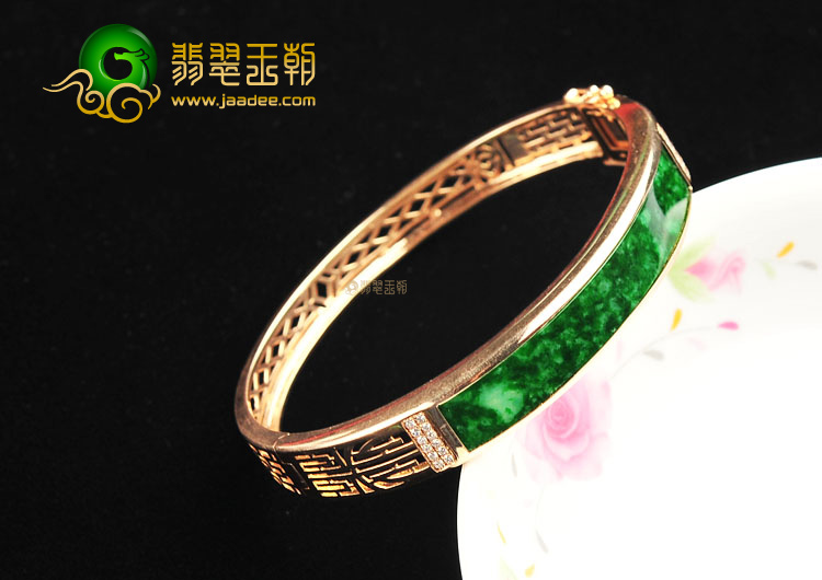 (超值推荐)糯冰种廯加绿镶玫瑰金贵妃镯(58.3mm-47.5mm)(真钻)