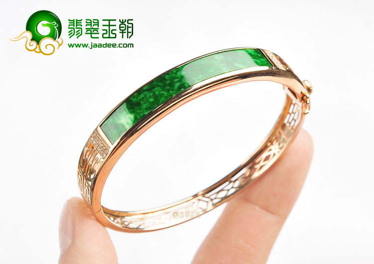 (超值推荐)糯冰种廯加绿镶玫瑰金贵妃镯(58.3mm-47.5mm)(真钻)