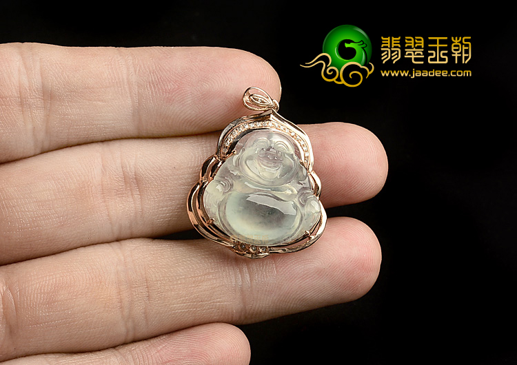冰种略飘花镶玫瑰金玉佛胸坠(真钻)