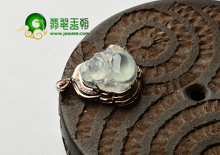 冰种略飘花镶玫瑰金玉佛胸坠(真钻)