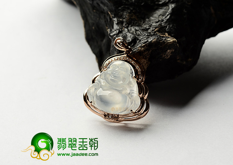 冰种略无色镶玫瑰金玉佛胸坠(真钻)