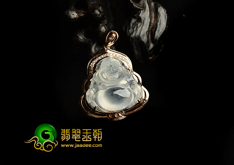 冰种略无色镶玫瑰金玉佛胸坠(真钻)