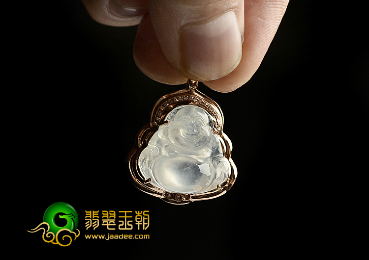 冰种略无色镶玫瑰金玉佛胸坠(真钻)