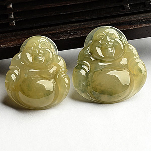 冰种黄翡略飘花玉佛挂件(一对)