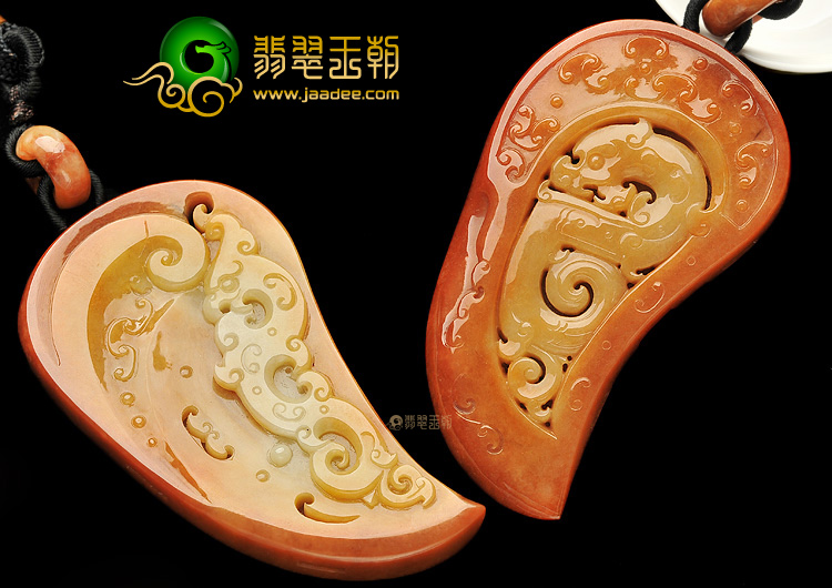 糯冰种红黄翡仿古龙凤牌手玩件(一对)