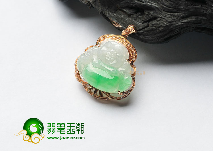 糯冰种飘翠镶玫瑰金小佛胸坠(真钻)
