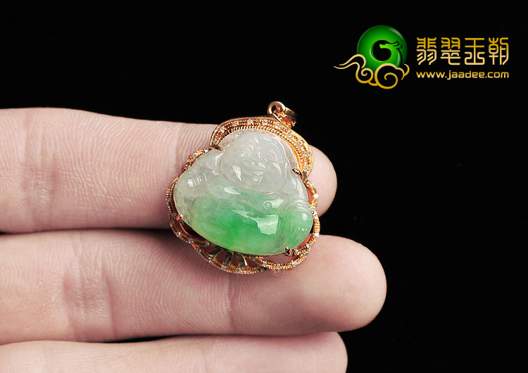 糯冰种飘翠镶玫瑰金小佛胸坠(真钻)