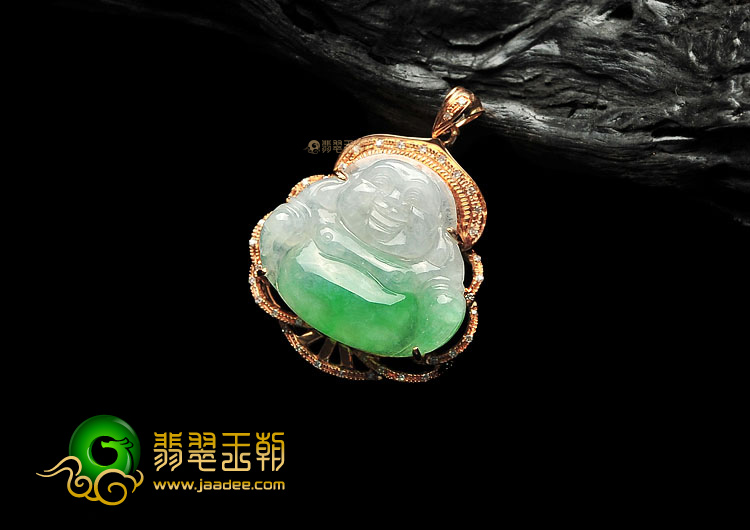 糯冰种飘翠镶玫瑰金小佛胸坠(真钻)