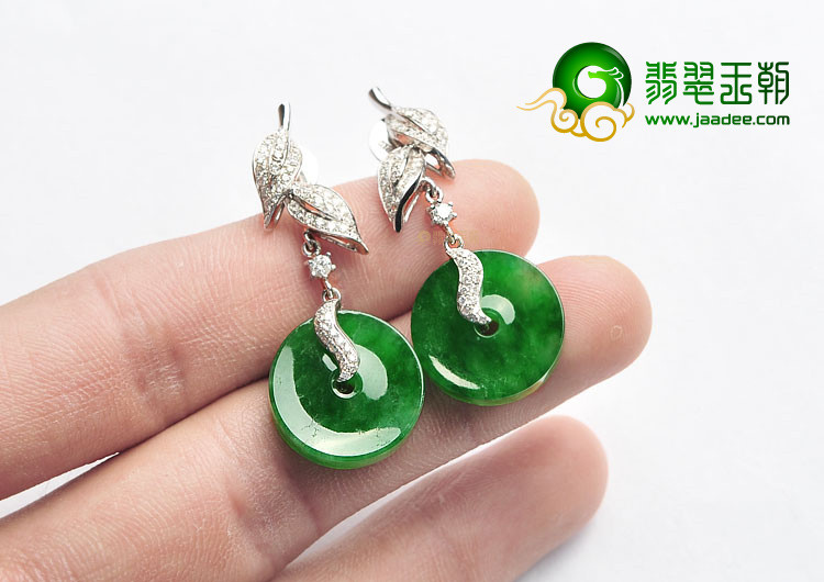 冰种正阳绿镶白金平安扣耳坠(真钻)