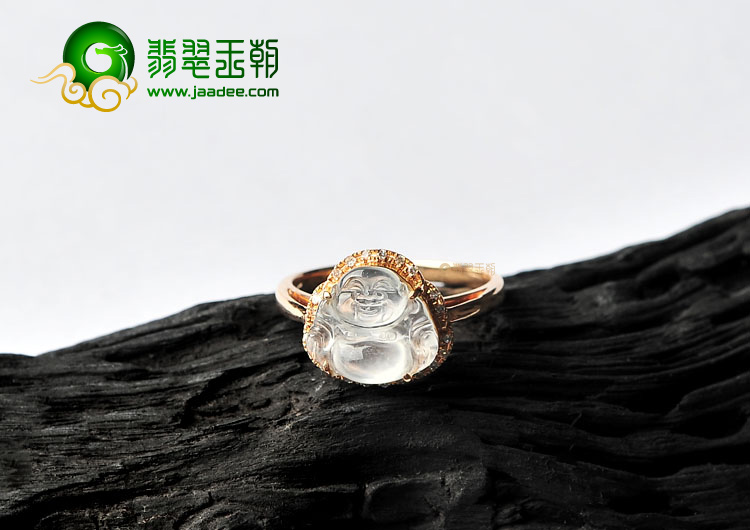 玻璃种无色镶玫瑰金玉佛戒指(真钻)