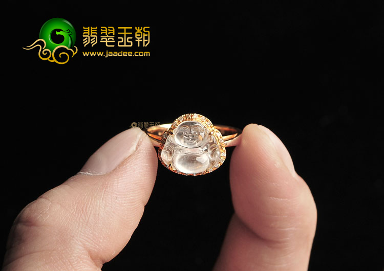 玻璃种无色镶玫瑰金玉佛戒指(真钻)