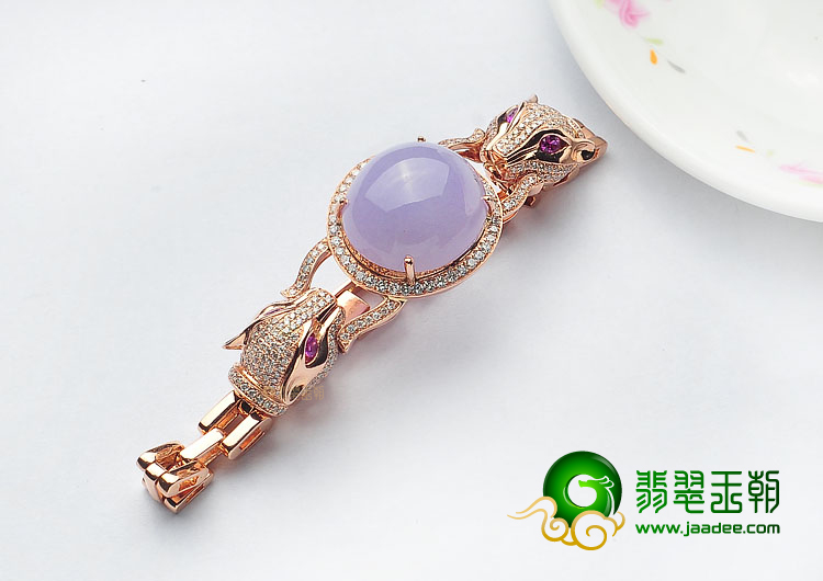 糯冰种紫罗兰镶玫瑰金豹头手链(真钻)