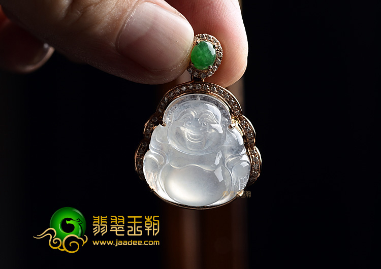 冰种无色镶玫瑰金钻石玉佛胸坠
