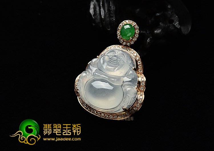 冰种无色镶玫瑰金钻石玉佛胸坠
