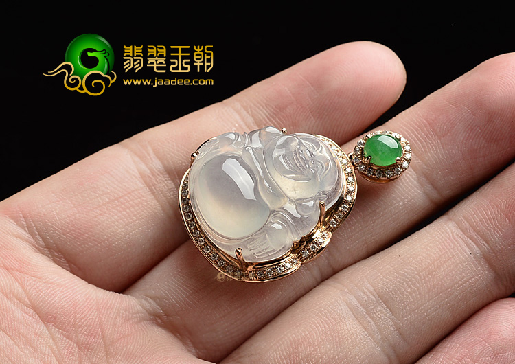 冰种无色镶玫瑰金钻石玉佛胸坠