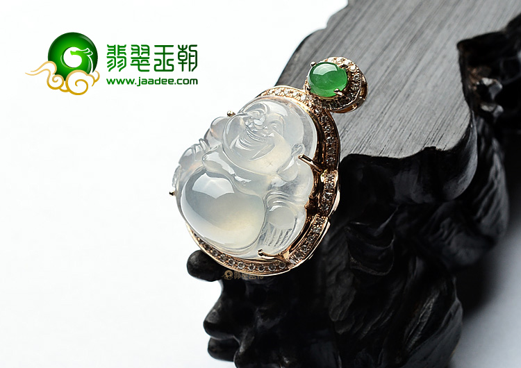冰种无色镶玫瑰金钻石玉佛胸坠