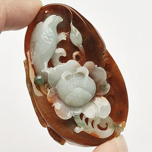 (超值推荐)糯冰种褐红翡略飘花花开富贵挂件