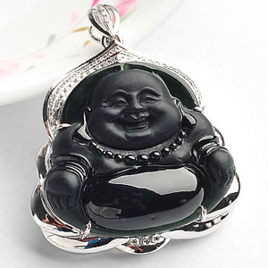 冰种墨翠镶白金玉佛胸坠(真钻)
