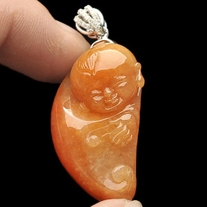 糯冰种红黄翡童子挂件(金扣)