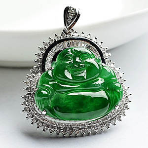 冰种正阳绿镶白金玉佛胸坠(真钻)