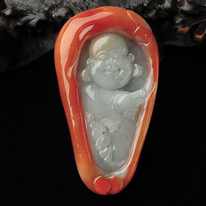 糯冰种红黄翡纳福挂件