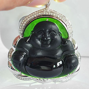 冰种墨翠镶白金玉佛胸坠(真钻)