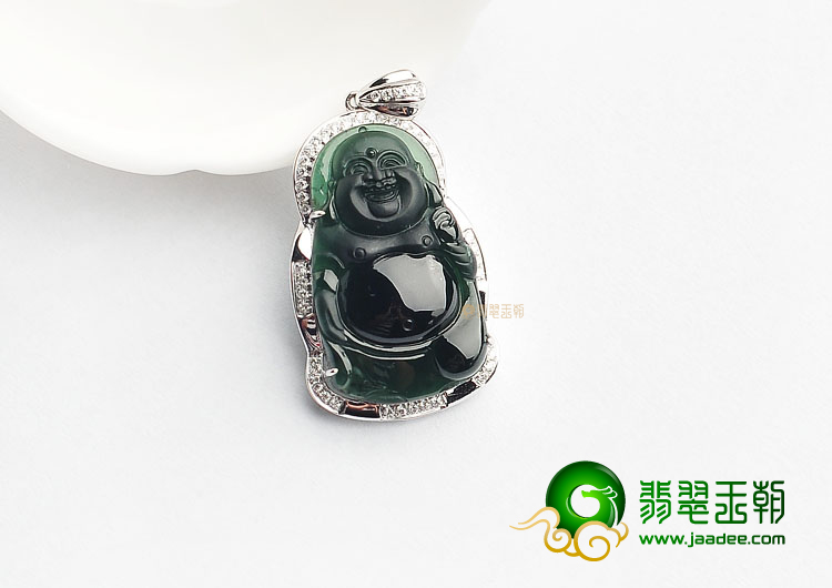 (超值推荐)玻璃种墨翠镶白金玉佛胸坠(真钻)