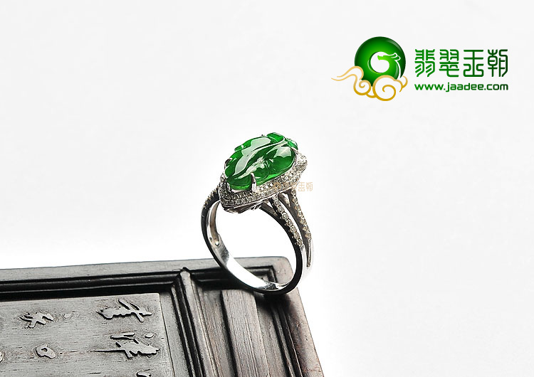 (超值推荐)冰种帝王绿镶玫瑰金玉叶戒指(真钻)