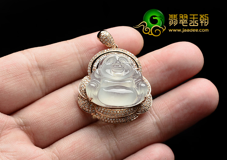 (超值推荐)冰种淡晴水镶玫瑰金玉佛胸坠(真钻)