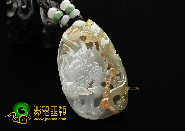 糯冰种褐黄翡龙凤牌挂件