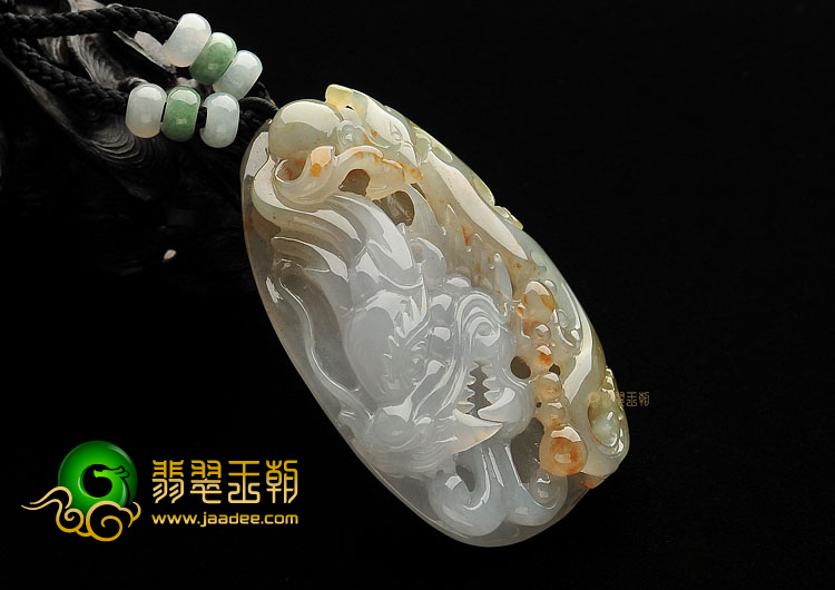 糯冰种褐黄翡龙凤牌挂件